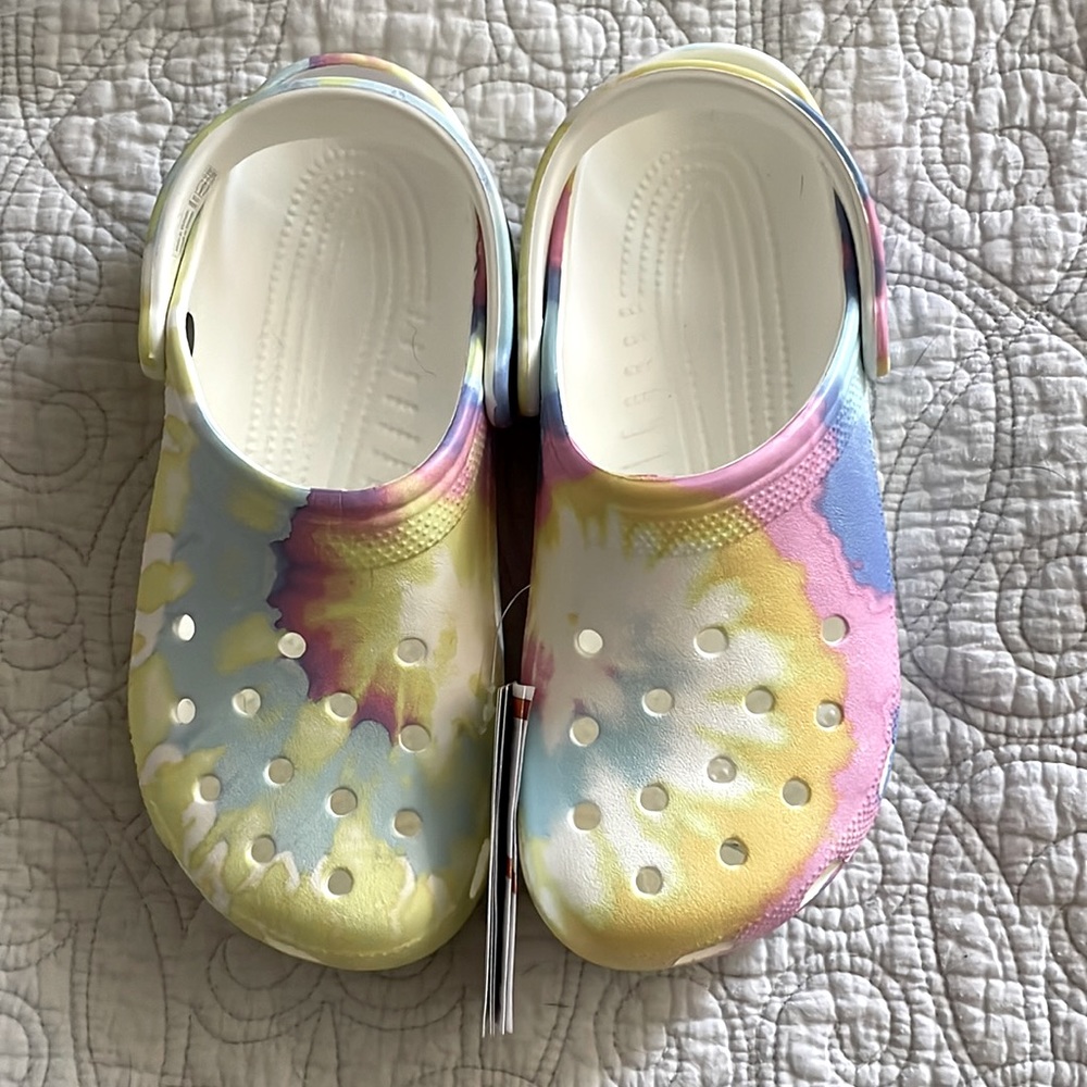 Pastel Tie Dye Crocs.  Size 9W/7M.  Brand new.